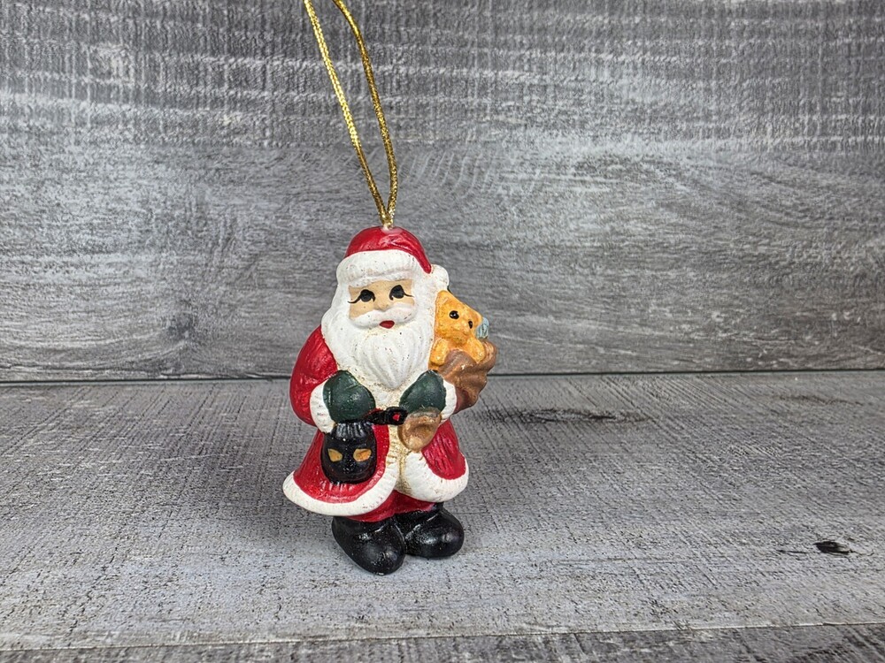 Santa Claus Ornament 2.5" Bear Hand Painted Ceramic Christmas Vtg g71a2
